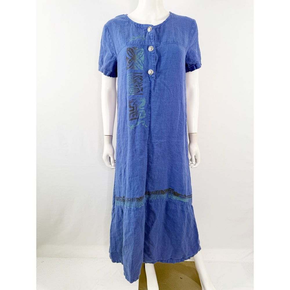 Blue Cactus Short Sleeve Maxi Dress Size M 100% Linen Casual Classic Bohemian